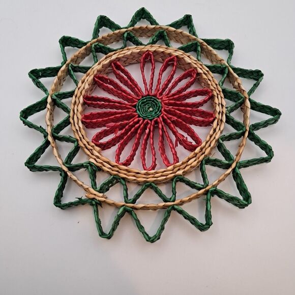 Vtg Lot Of 3 Straw Trivets Hot Pad Boho Christmas Hippie Scandinavian Red Green - Picture 7 of 7